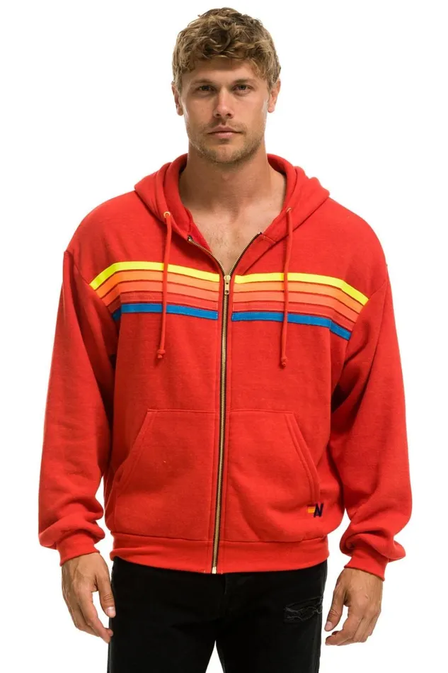 WomenMen Tops Aviator Nation 5 STRIPE RELAXED ZIP HOODIE 8211 RED NEON RAINBOW