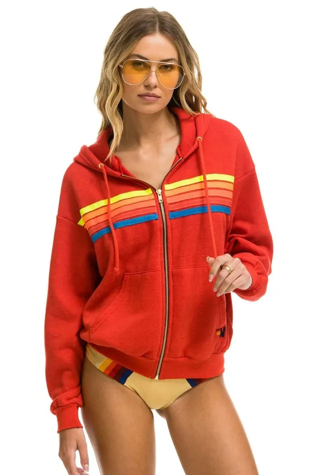 WomenMen Tops Aviator Nation 5 STRIPE RELAXED ZIP HOODIE 8211 RED NEON RAINBOW