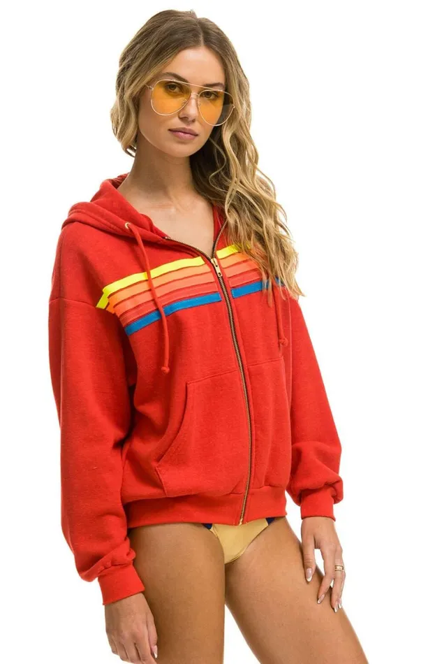 WomenMen Tops Aviator Nation 5 STRIPE RELAXED ZIP HOODIE 8211 RED NEON RAINBOW