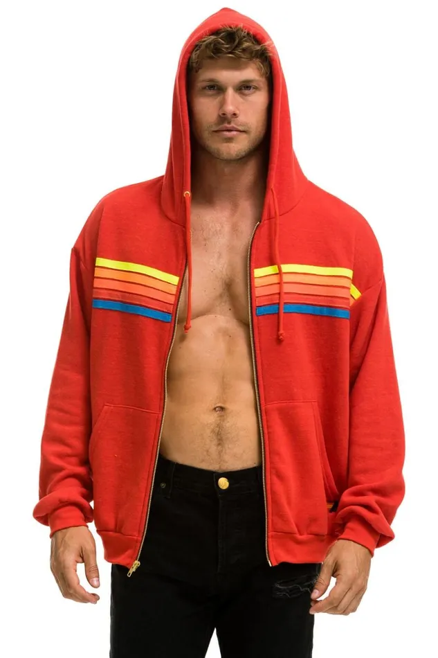WomenMen Tops Aviator Nation 5 STRIPE RELAXED ZIP HOODIE 8211 RED NEON RAINBOW