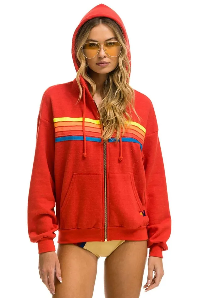 WomenMen Tops Aviator Nation 5 STRIPE RELAXED ZIP HOODIE 8211 RED NEON RAINBOW