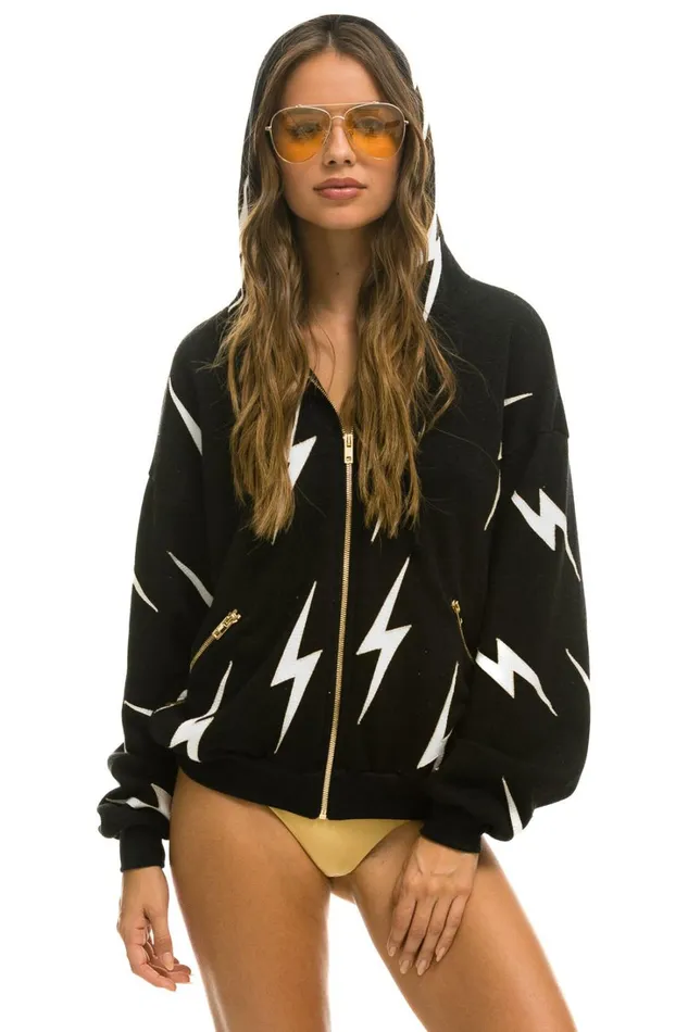 WomenMen Tops Aviator Nation BOLT STITCH REPEAT RELAXED ZIP HOODIE WITH POCKET ZIPPERS BLACK WHITE WomenMen Tops Aviator Nation BOLT STITCH REPEAT RELAXED ZIP HOODIE WITH POCKET ZIPPERS BLACK WHITE