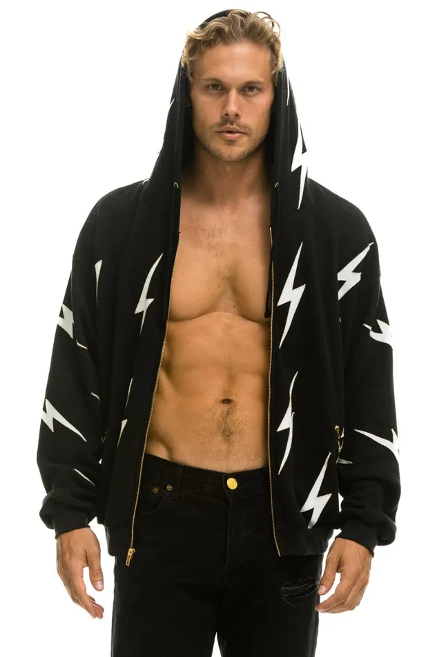 WomenMen Tops Aviator Nation BOLT STITCH REPEAT RELAXED ZIP HOODIE WITH POCKET ZIPPERS BLACK WHITE WomenMen Tops Aviator Nation BOLT STITCH REPEAT RELAXED ZIP HOODIE WITH POCKET ZIPPERS BLACK WHITE