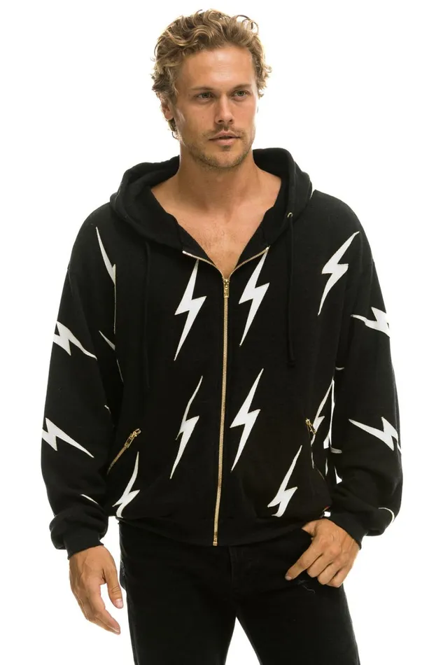 WomenMen Tops Aviator Nation BOLT STITCH REPEAT RELAXED ZIP HOODIE WITH POCKET ZIPPERS BLACK WHITE WomenMen Tops Aviator Nation BOLT STITCH REPEAT RELAXED ZIP HOODIE WITH POCKET ZIPPERS BLACK WHITE