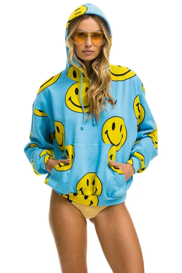 WomenMen Tops Aviator Nation SMILEY REPEAT RELAXED PULLOVER HOODIE 8211 SKY