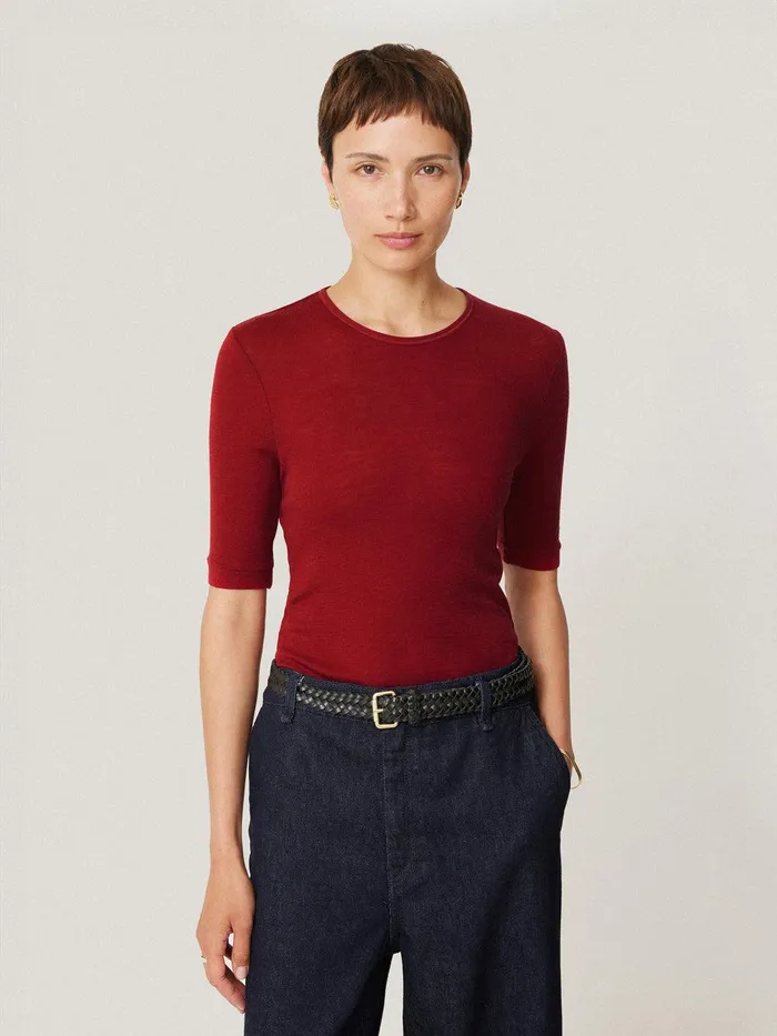 Women Merino Half Sleeve Tshirt Red Jigsaw Knitwear and Cashmere
