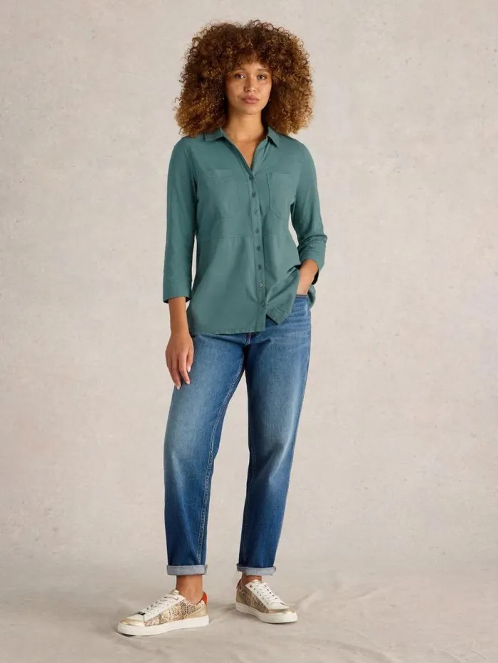Women MISSY LONGLINE MIX SHIRT Dusty Green White Stuff Shirts and Blouses