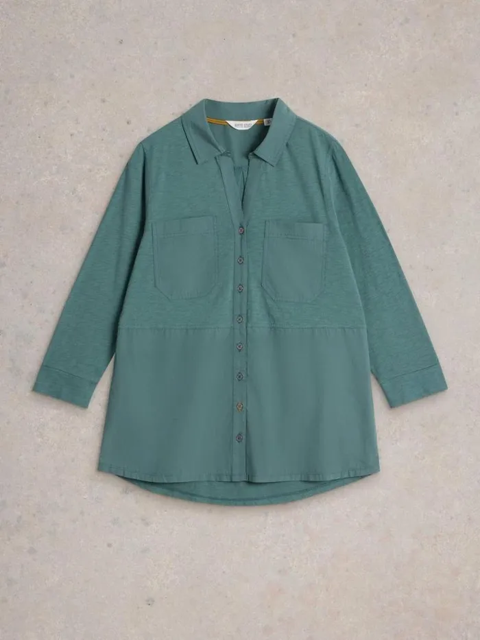 Women MISSY LONGLINE MIX SHIRT Dusty Green White Stuff Shirts and Blouses Women MISSY LONGLINE MIX SHIRT Dusty Green White Stuff Shirts and Blouses