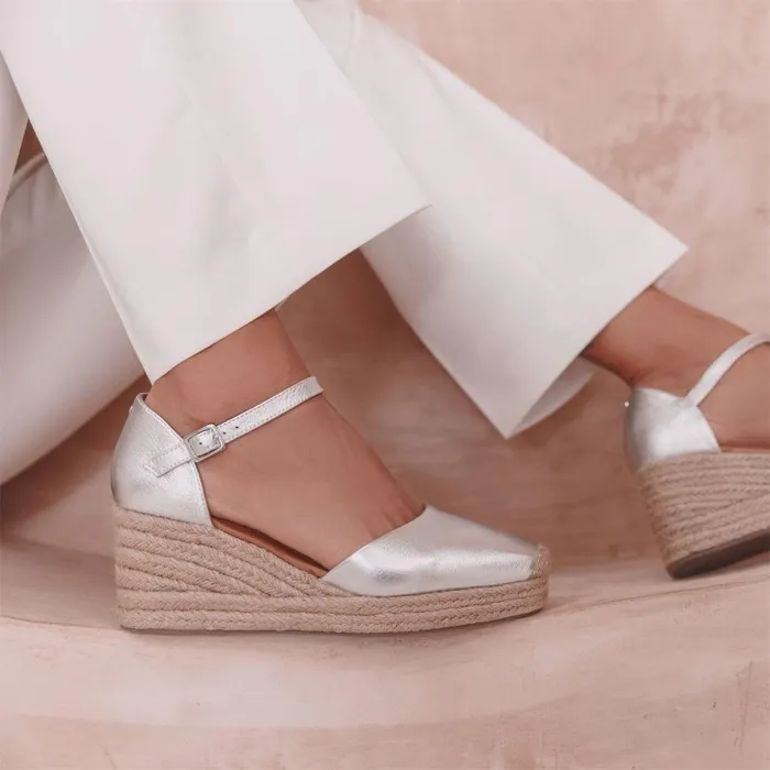 Women Moda In Pelle Mid Heel Shoes Gialla Silver Leather