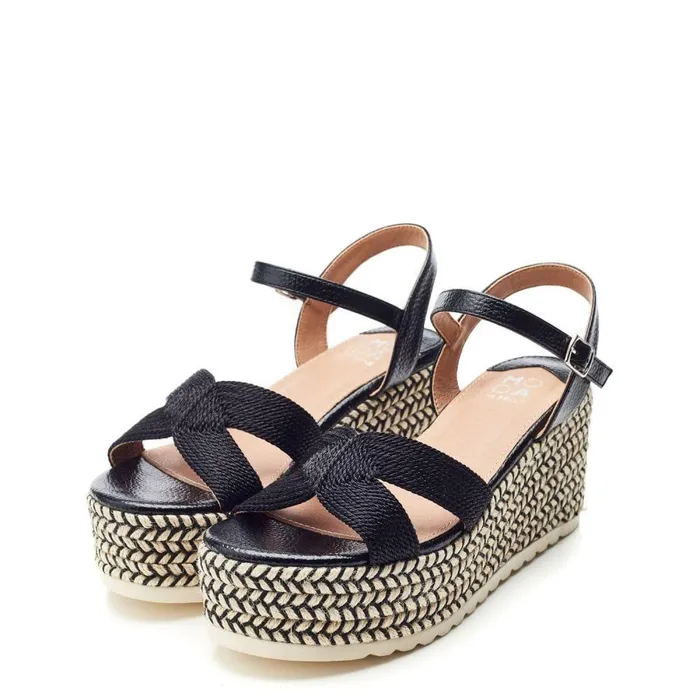 Women Moda In Pelle Wedge Sandals Piala Black Textile