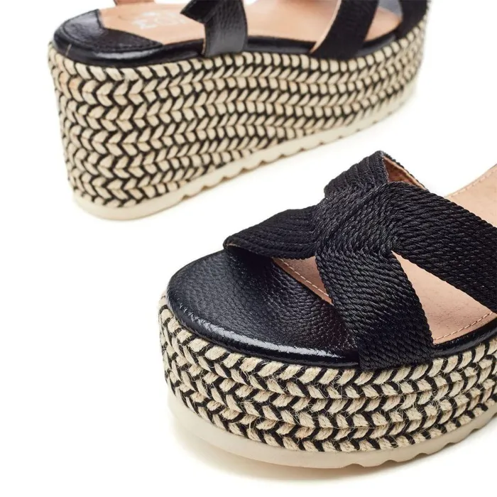 Women Moda In Pelle Wedge Sandals Piala Black Textile