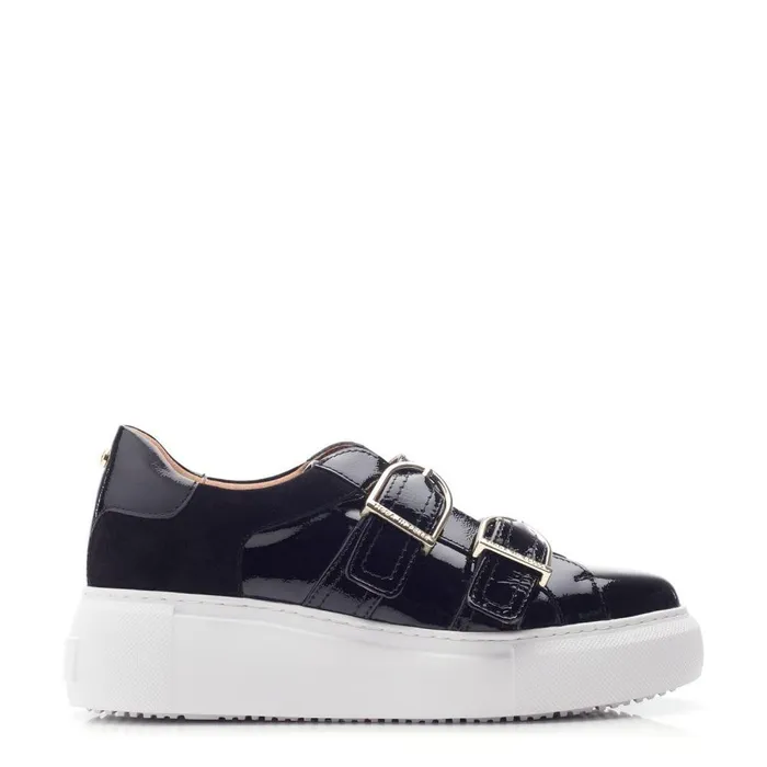 Women Moda In Pelle Wedge Trainers Blanc Black Patent Leather