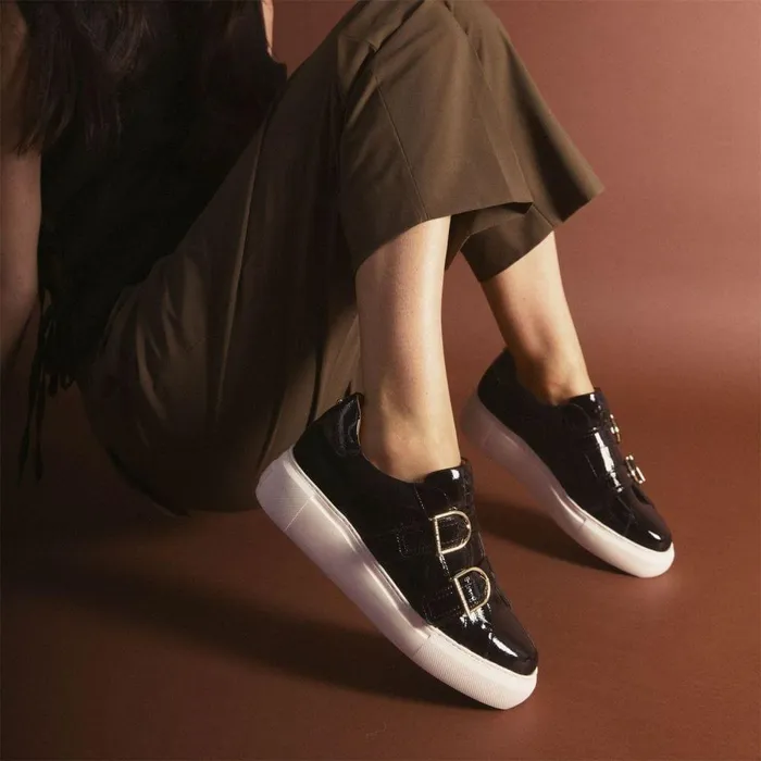 Women Moda In Pelle Wedge Trainers Blanc Black Patent Leather
