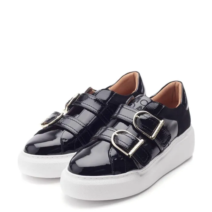 Women Moda In Pelle Wedge Trainers Blanc Black Patent Leather