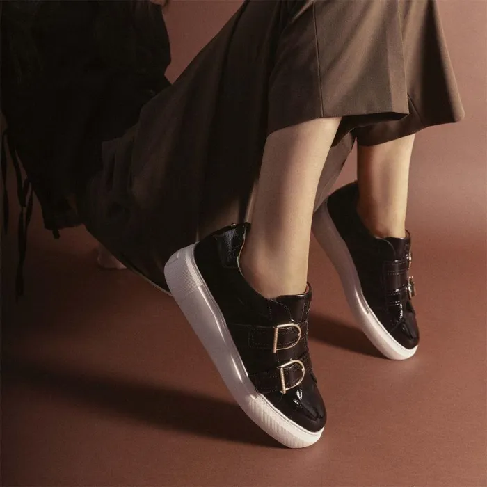 Women Moda In Pelle Wedge Trainers Blanc Black Patent Leather