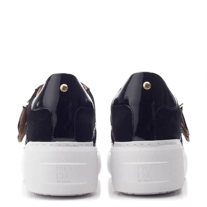 Women Moda In Pelle Wedge Trainers Blanc Black Patent Leather