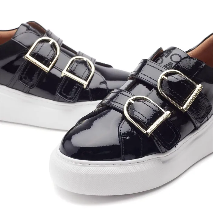 Women Moda In Pelle Wedge Trainers Blanc Black Patent Leather