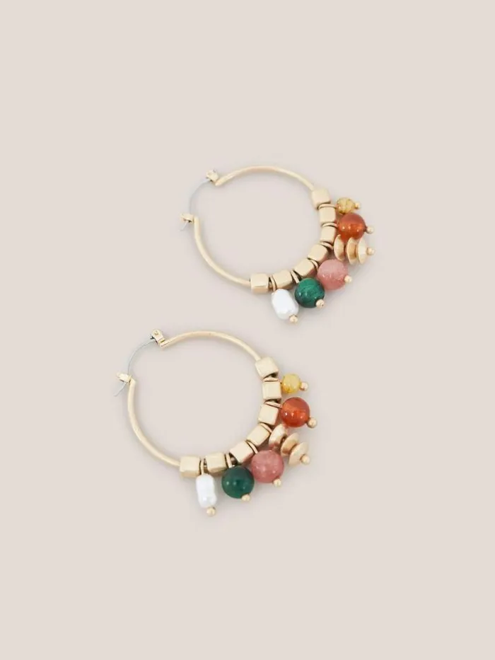 Women Multi Gem Hoop Earrings Gold Tone Metallic White Stuff Jewellery