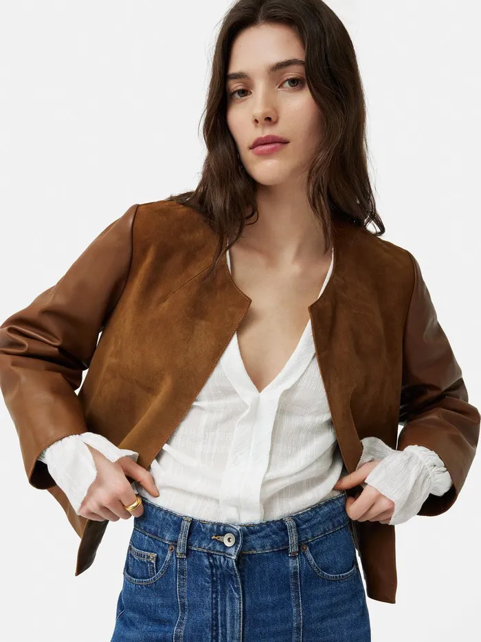 Women Nakoa Leather Mix Jacket Tan Jigsaw Leather