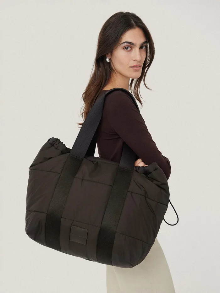 Women Nylon Quilted Drawstring Tote Chocolate Jigsaw Bags