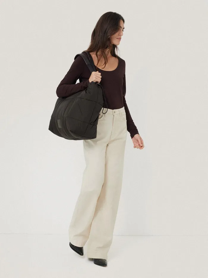 Women Nylon Quilted Drawstring Tote Chocolate Jigsaw Bags