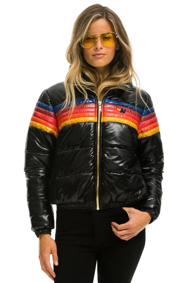 Women Outerwear Aviator Nation 5 STRIPE LUXE APRES PUFFER JACKET 8211 GLOSSY BLACK