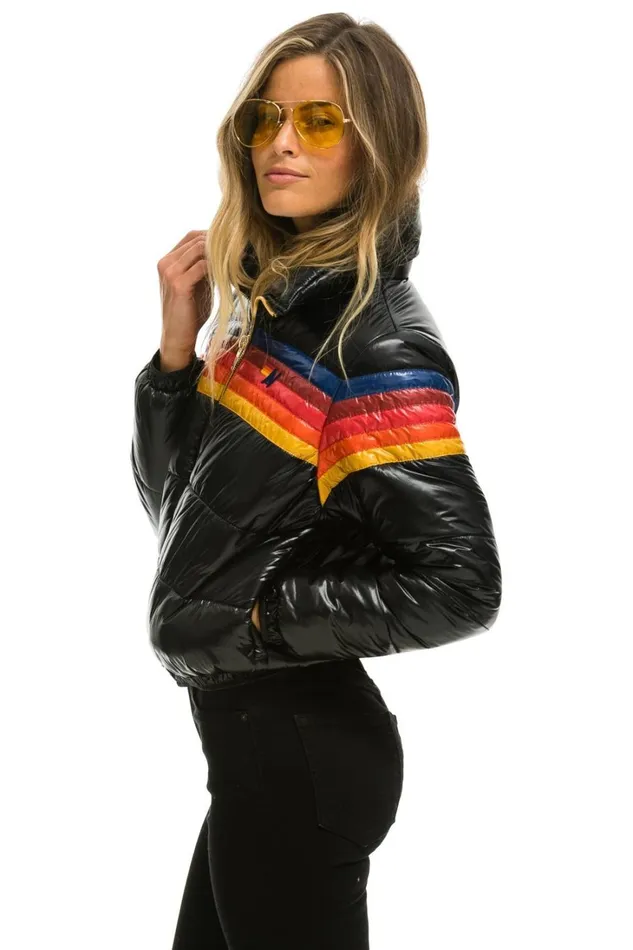 Women Outerwear Aviator Nation 5 STRIPE LUXE APRES PUFFER JACKET 8211 GLOSSY BLACK Women Outerwear Aviator Nation 5 STRIPE LUXE APRES PUFFER JACKET 8211 GLOSSY BLACK
