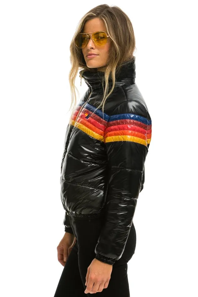 Women Outerwear Aviator Nation 5 STRIPE LUXE APRES PUFFER JACKET 8211 GLOSSY BLACK Women Outerwear Aviator Nation 5 STRIPE LUXE APRES PUFFER JACKET 8211 GLOSSY BLACK