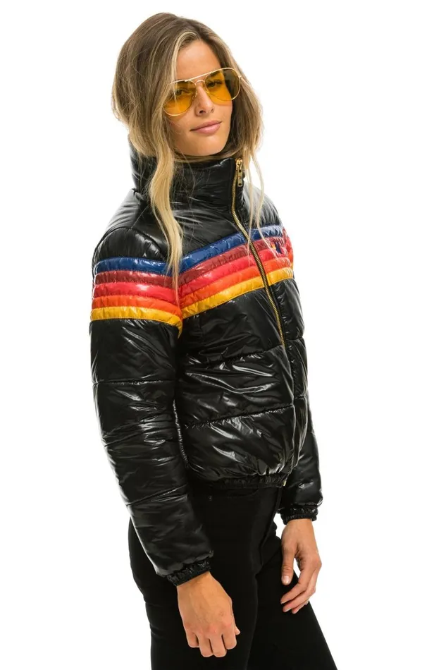 Women Outerwear Aviator Nation 5 STRIPE LUXE APRES PUFFER JACKET 8211 GLOSSY BLACK Women Outerwear Aviator Nation 5 STRIPE LUXE APRES PUFFER JACKET 8211 GLOSSY BLACK
