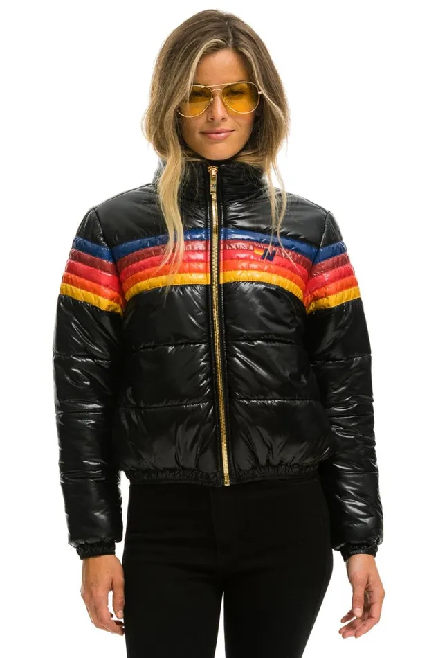 Women Outerwear Aviator Nation 5 STRIPE LUXE APRES PUFFER JACKET 8211 GLOSSY BLACK Women Outerwear Aviator Nation 5 STRIPE LUXE APRES PUFFER JACKET 8211 GLOSSY BLACK