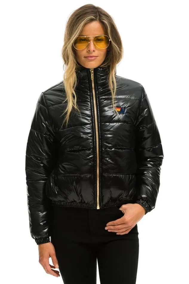 Women Outerwear Aviator Nation BOLT LUXE APRES PUFFER JACKET 8211 GLOSSY BLACK
