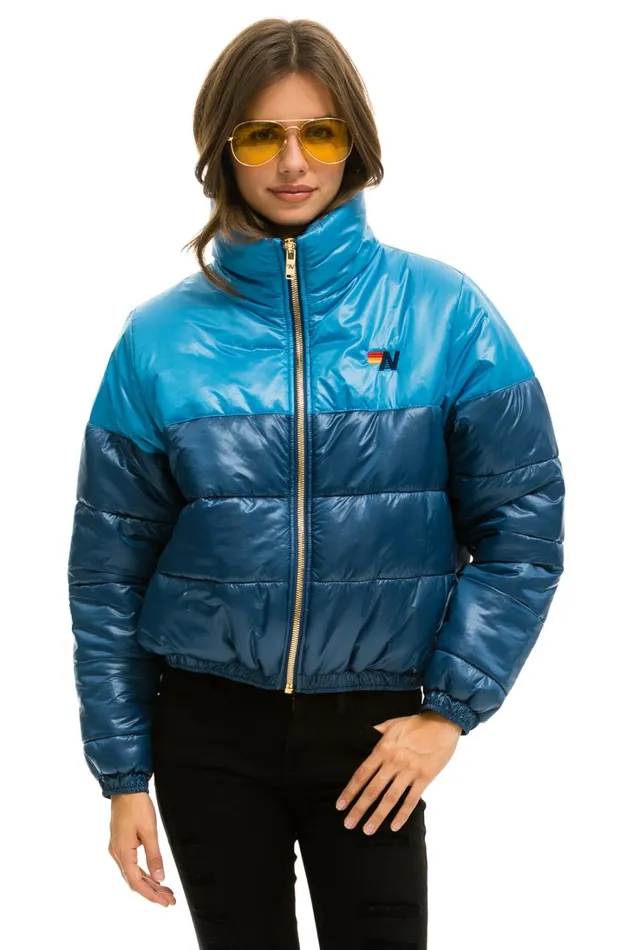 Women Outerwear Aviator Nation COLOR BLOCK HALF AND HALF APRES PUFFER JACKET 8211 OCEAN GLOSSY