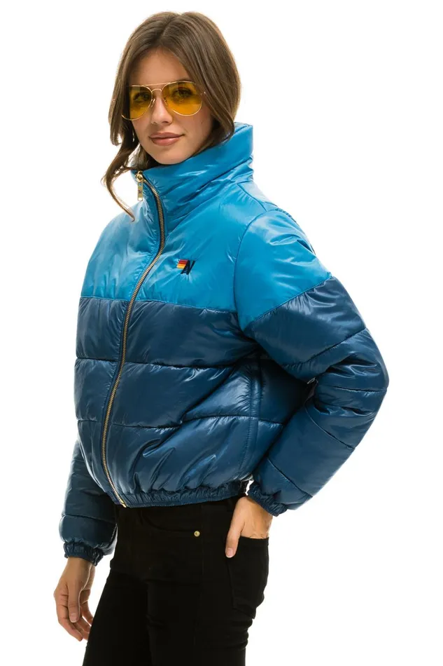 Women Outerwear Aviator Nation COLOR BLOCK HALF AND HALF APRES PUFFER JACKET 8211 OCEAN GLOSSY Women Outerwear Aviator Nation COLOR BLOCK HALF AND HALF APRES PUFFER JACKET 8211 OCEAN GLOSSY