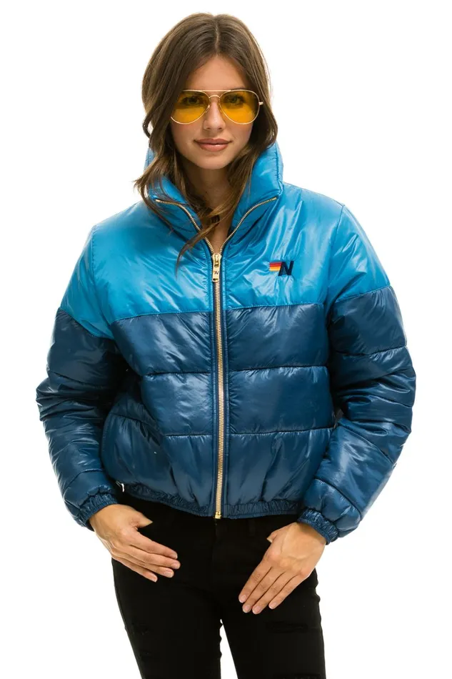 Women Outerwear Aviator Nation COLOR BLOCK HALF AND HALF APRES PUFFER JACKET 8211 OCEAN GLOSSY Women Outerwear Aviator Nation COLOR BLOCK HALF AND HALF APRES PUFFER JACKET 8211 OCEAN GLOSSY