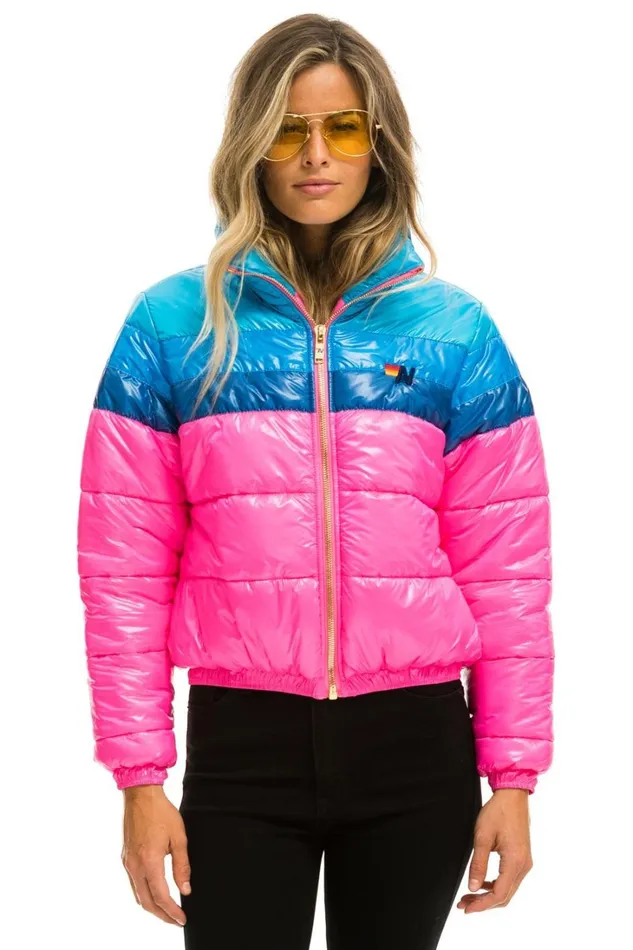 Women Outerwear Aviator Nation COLOR BLOCK LUXE APRES PUFFER JACKET 8211 GLOSSY NEON PINK