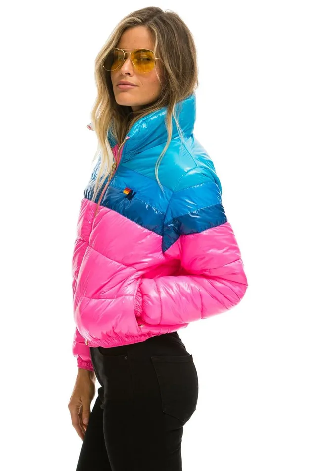 Women Outerwear Aviator Nation COLOR BLOCK LUXE APRES PUFFER JACKET 8211 GLOSSY NEON PINK Women Outerwear Aviator Nation COLOR BLOCK LUXE APRES PUFFER JACKET 8211 GLOSSY NEON PINK