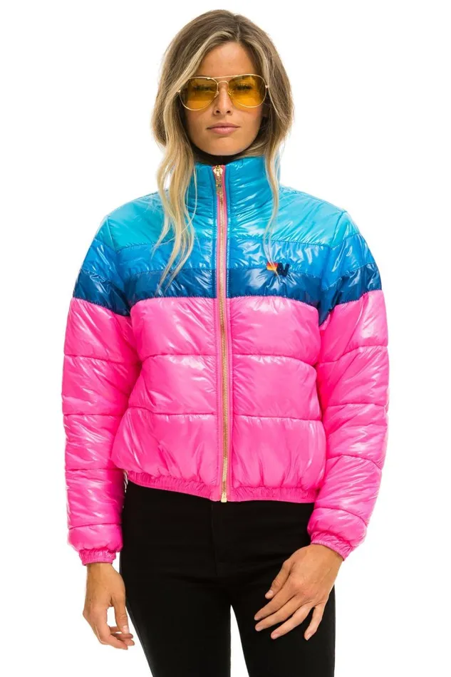 Women Outerwear Aviator Nation COLOR BLOCK LUXE APRES PUFFER JACKET 8211 GLOSSY NEON PINK Women Outerwear Aviator Nation COLOR BLOCK LUXE APRES PUFFER JACKET 8211 GLOSSY NEON PINK