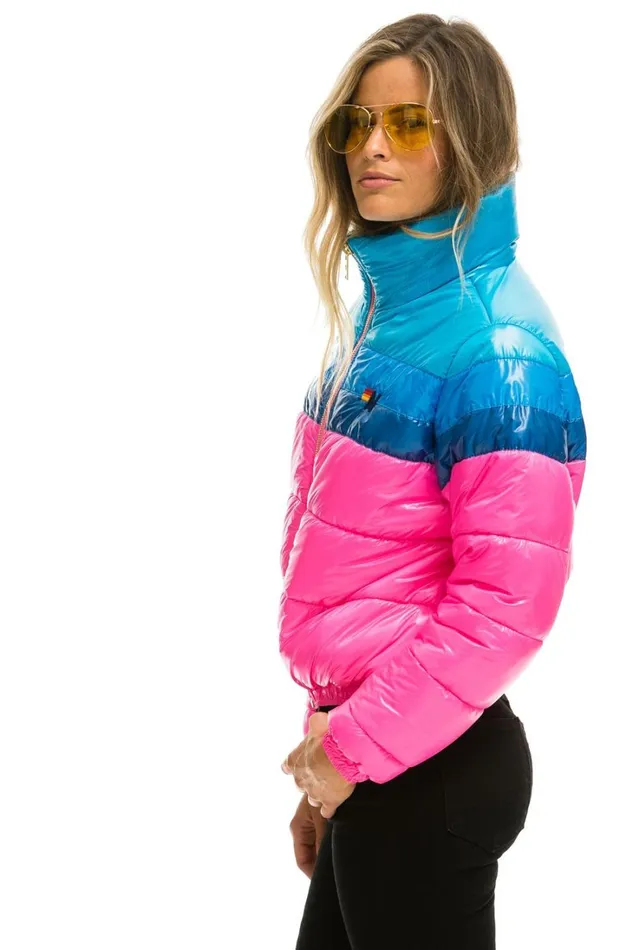 Women Outerwear Aviator Nation COLOR BLOCK LUXE APRES PUFFER JACKET 8211 GLOSSY NEON PINK Women Outerwear Aviator Nation COLOR BLOCK LUXE APRES PUFFER JACKET 8211 GLOSSY NEON PINK