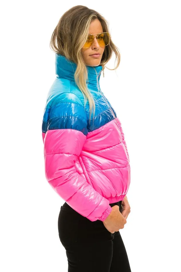 Women Outerwear Aviator Nation COLOR BLOCK LUXE APRES PUFFER JACKET 8211 GLOSSY NEON PINK Women Outerwear Aviator Nation COLOR BLOCK LUXE APRES PUFFER JACKET 8211 GLOSSY NEON PINK