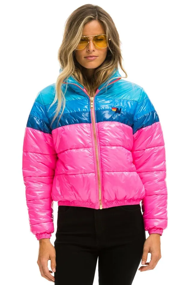 Women Outerwear Aviator Nation COLOR BLOCK LUXE APRES PUFFER JACKET 8211 GLOSSY NEON PINK Women Outerwear Aviator Nation COLOR BLOCK LUXE APRES PUFFER JACKET 8211 GLOSSY NEON PINK