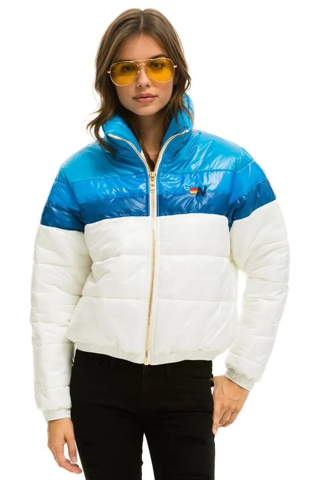 Women Outerwear Aviator Nation COLOR BLOCK LUXE APRES PUFFER JACKET 8211 GLOSSY WHITE DRESDEN