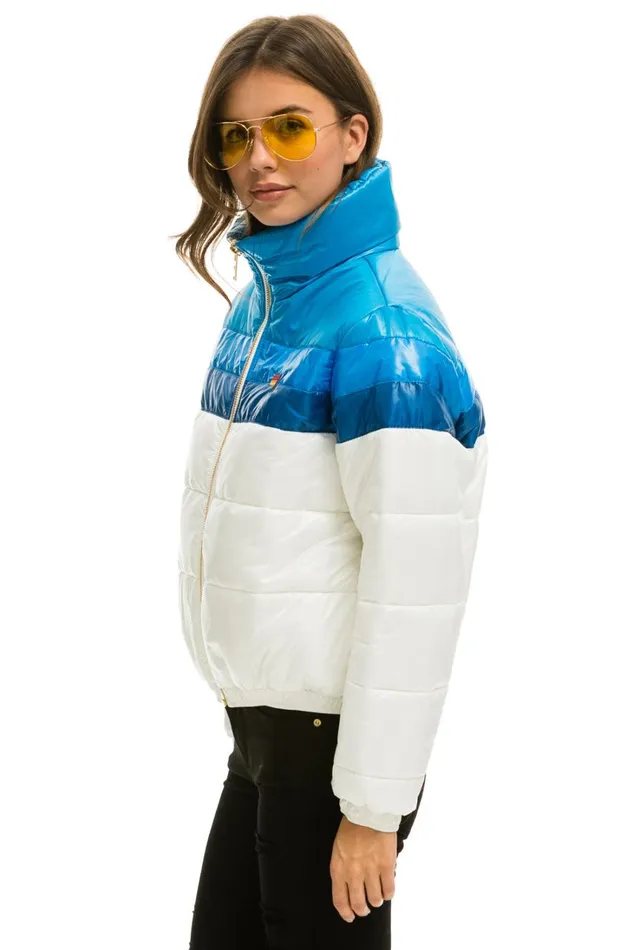 Women Outerwear Aviator Nation COLOR BLOCK LUXE APRES PUFFER JACKET 8211 GLOSSY WHITE DRESDEN Women Outerwear Aviator Nation COLOR BLOCK LUXE APRES PUFFER JACKET 8211 GLOSSY WHITE DRESDEN