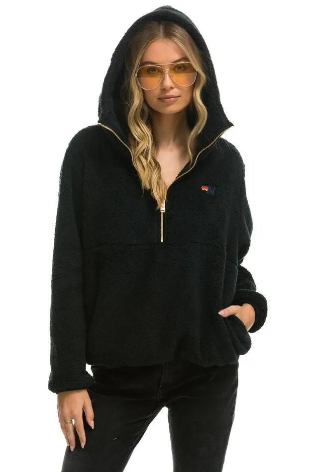 Women Outerwear Aviator Nation TEDDY UNISEX HOODED HALF ZIP JACKET 8211 BLACK