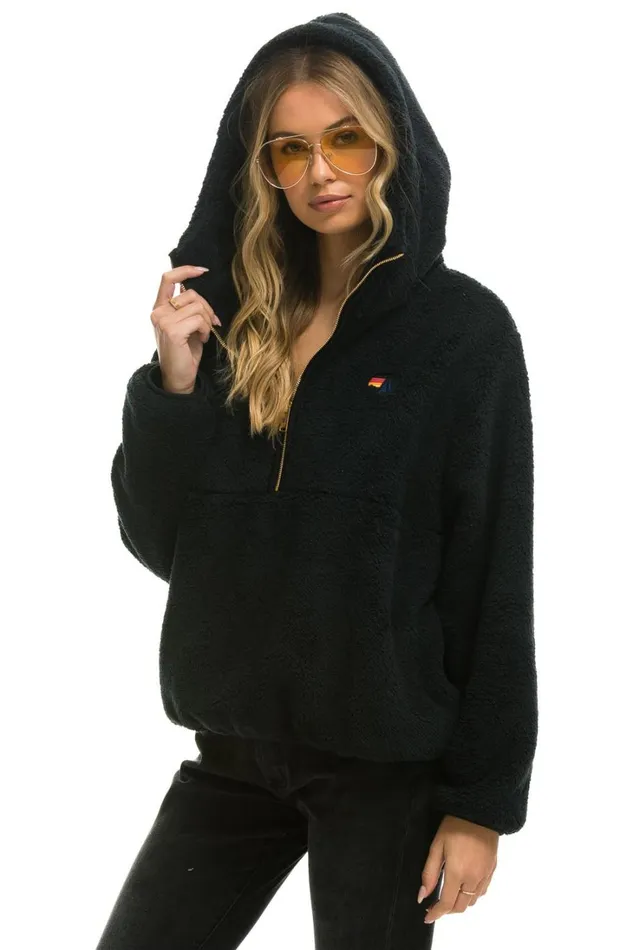 Women Outerwear Aviator Nation TEDDY UNISEX HOODED HALF ZIP JACKET 8211 BLACK Women Outerwear Aviator Nation TEDDY UNISEX HOODED HALF ZIP JACKET 8211 BLACK
