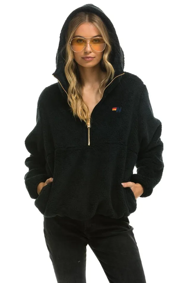 Women Outerwear Aviator Nation TEDDY UNISEX HOODED HALF ZIP JACKET 8211 BLACK Women Outerwear Aviator Nation TEDDY UNISEX HOODED HALF ZIP JACKET 8211 BLACK
