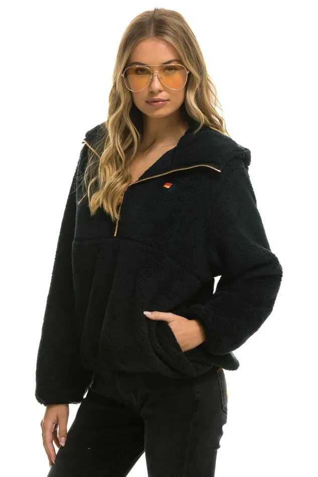 Women Outerwear Aviator Nation TEDDY UNISEX HOODED HALF ZIP JACKET 8211 BLACK Women Outerwear Aviator Nation TEDDY UNISEX HOODED HALF ZIP JACKET 8211 BLACK