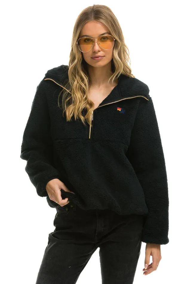 Women Outerwear Aviator Nation TEDDY UNISEX HOODED HALF ZIP JACKET 8211 BLACK Women Outerwear Aviator Nation TEDDY UNISEX HOODED HALF ZIP JACKET 8211 BLACK
