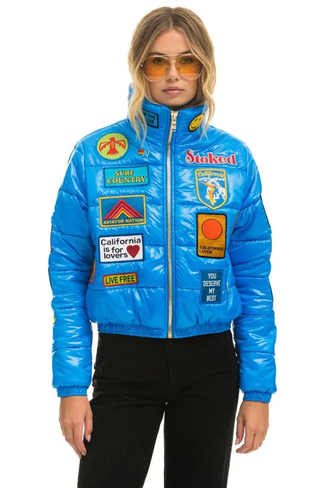 Women Outerwear Aviator Nation VINTAGE PATCH APRES PUFFER JACKET 8211 BLUE CINA GLOSSY
