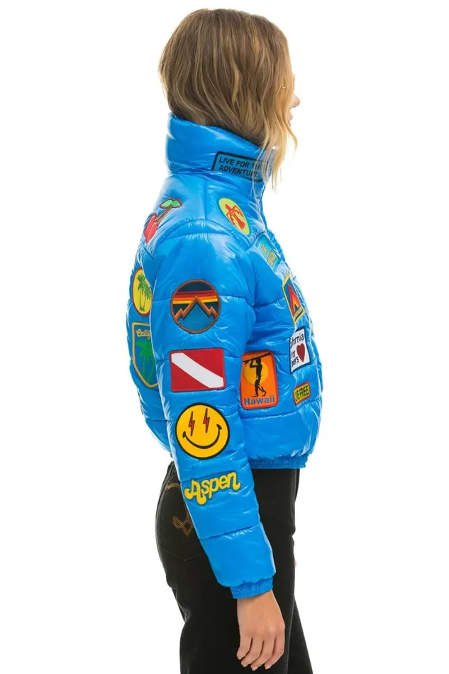 Women Outerwear Aviator Nation VINTAGE PATCH APRES PUFFER JACKET 8211 BLUE CINA GLOSSY