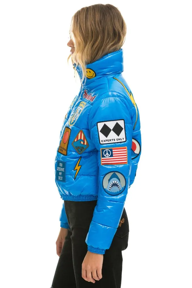 Women Outerwear Aviator Nation VINTAGE PATCH APRES PUFFER JACKET 8211 BLUE CINA GLOSSY